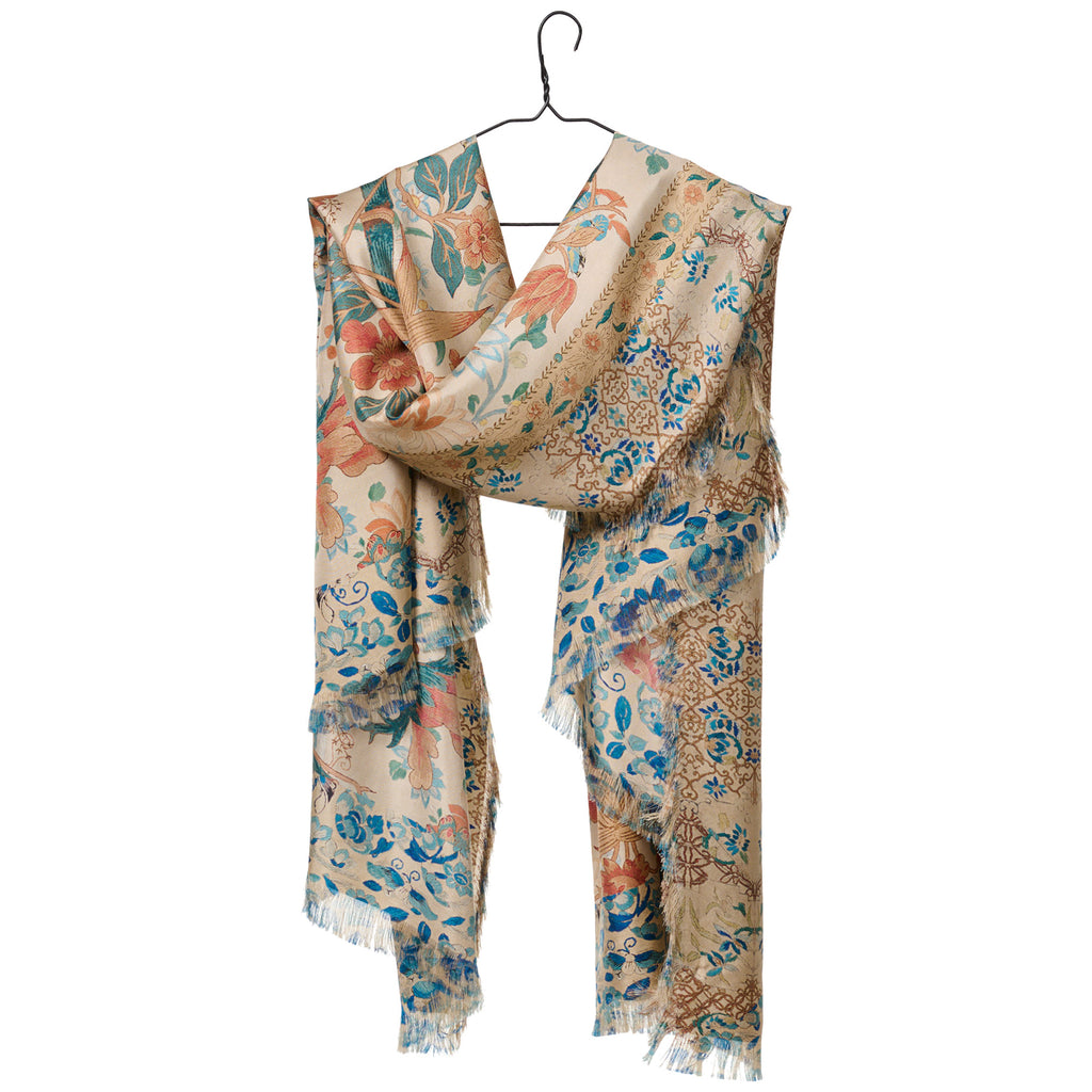 Fringed Silk Scarf - Nude Floral