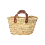 small straw basket with leather handles
