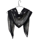 mixed print black square scarf on hanger.