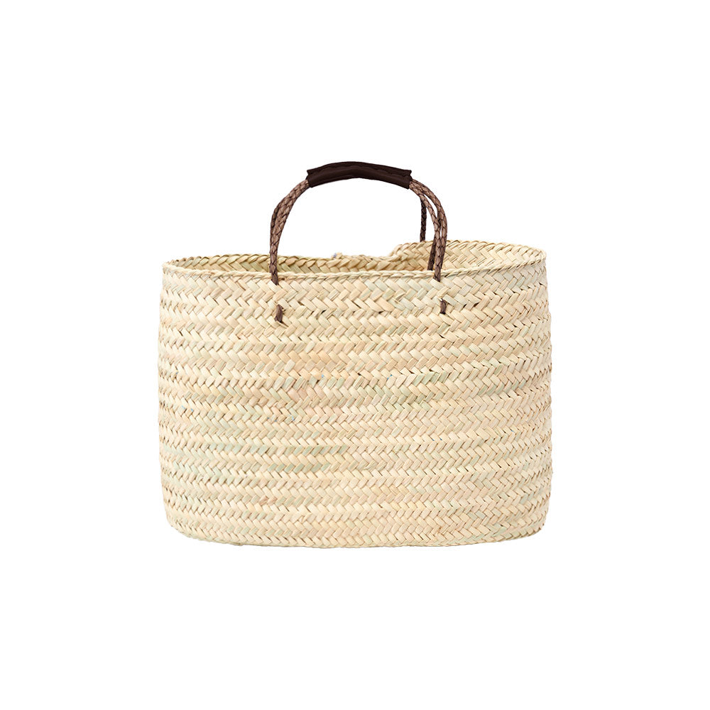 straw moroccan basket with brown leather handles