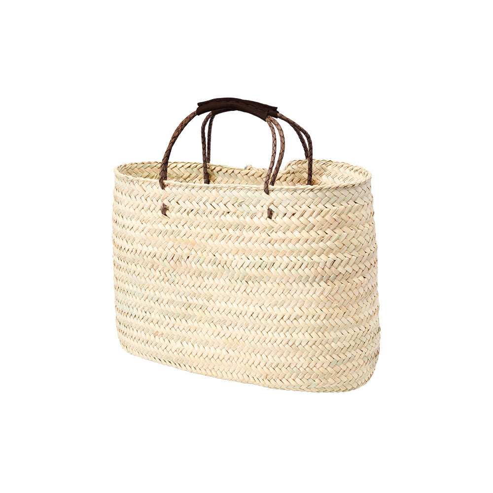 straw moroccan basket with brown leather handles - side view