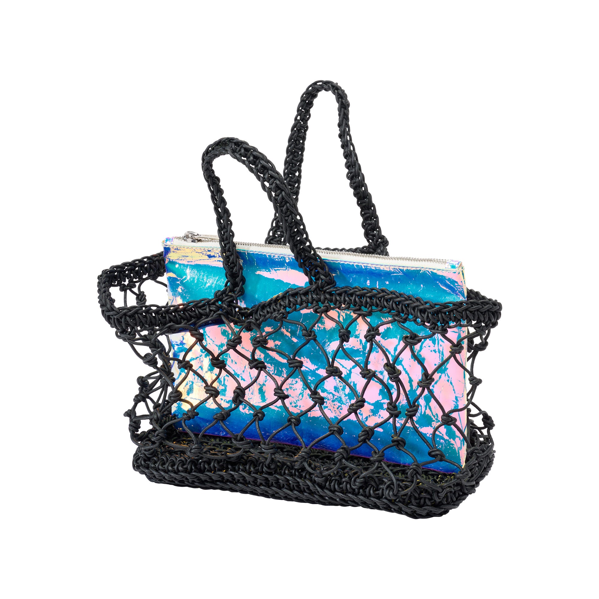 Maria-La-Rosa-Leather-Net-Bag-Black-with-Zilla-pouch