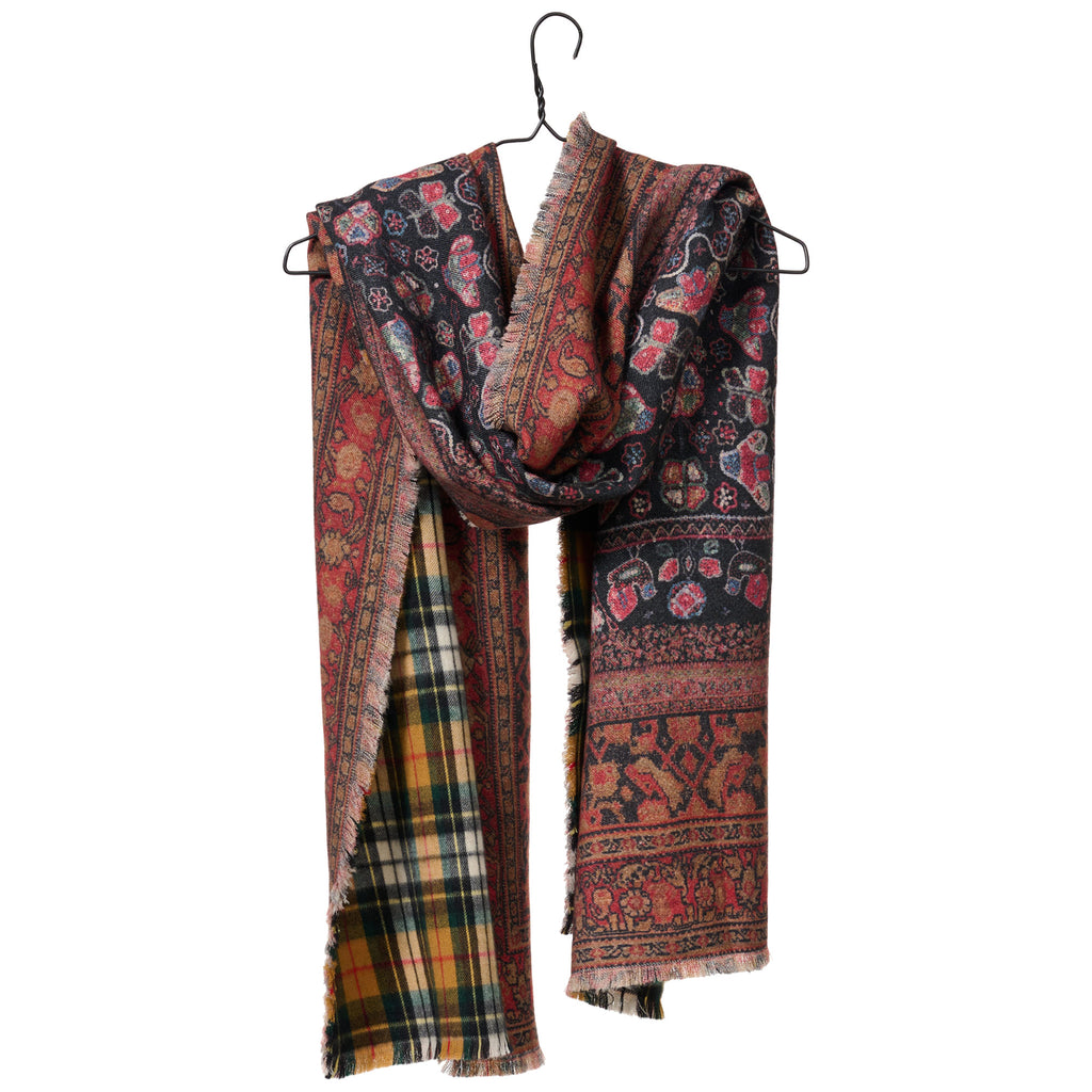mixed print, reversible wool scarf with frayed edge on hanger