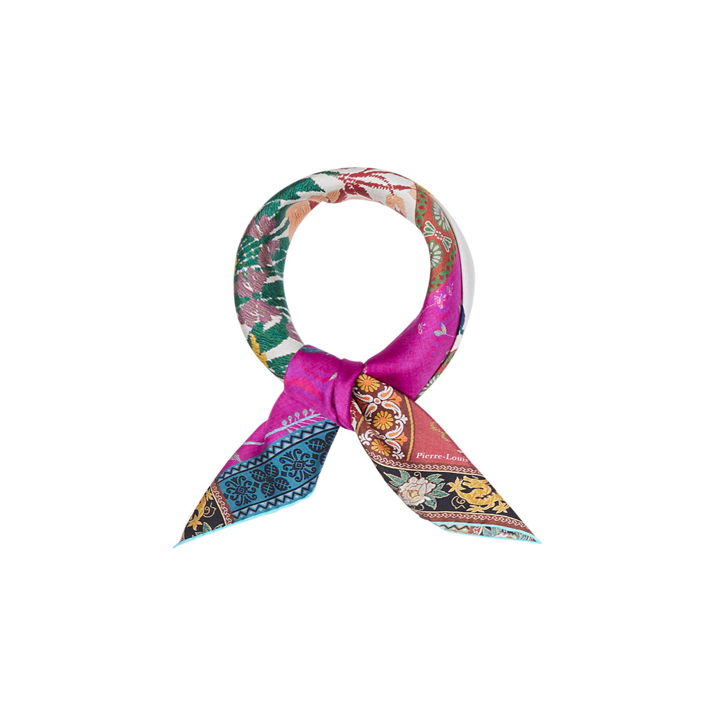 mixed print silk square scarf tied