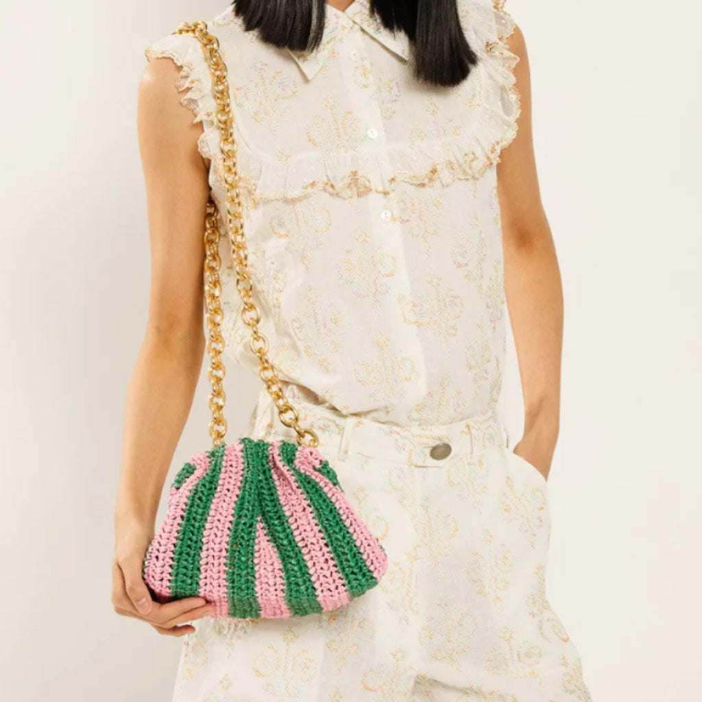 Maria_La_Rosa_Mini_Game_Clutch_Pink_Green_modeled