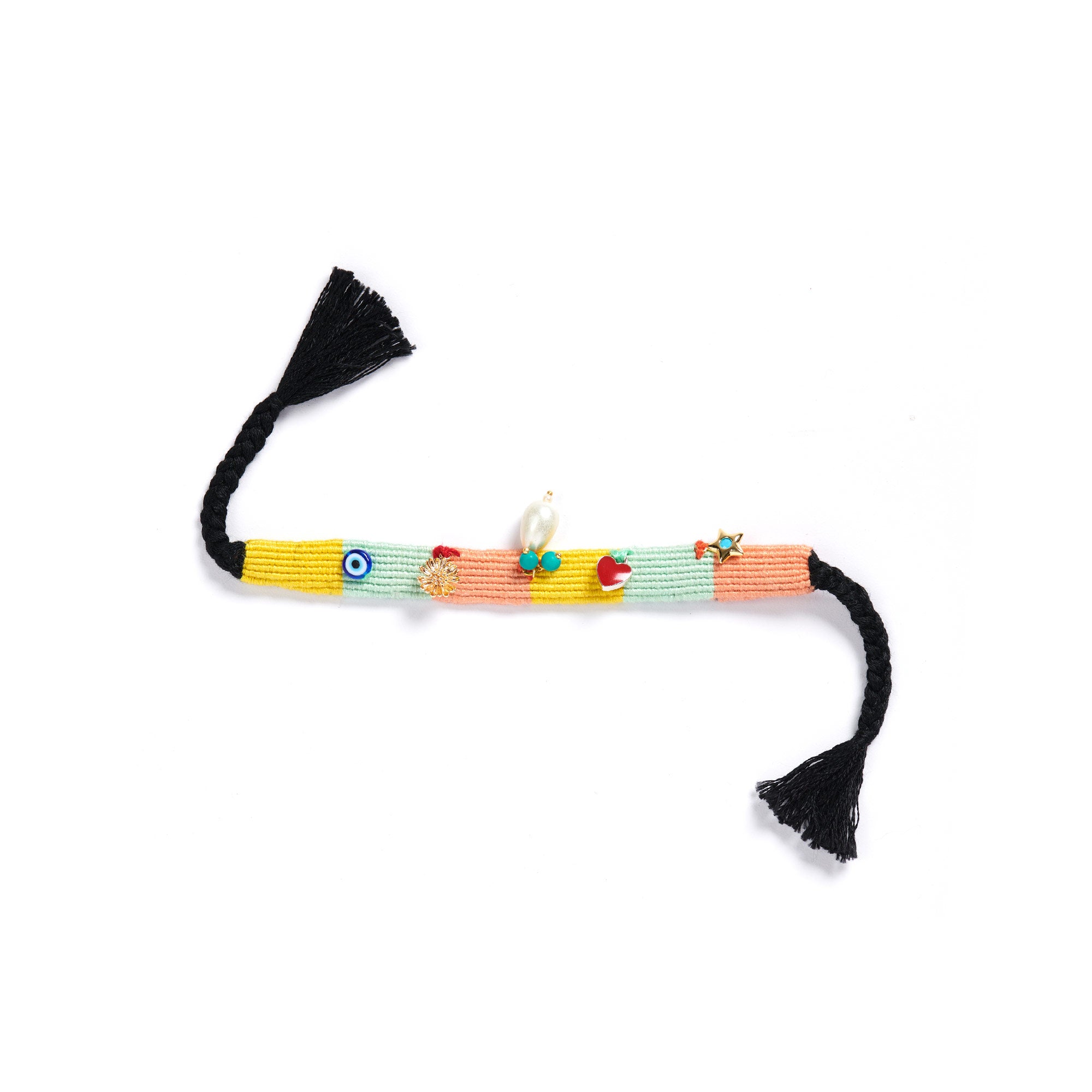 Embroidered Woven Bracelet - Yellow, Green + Salmon