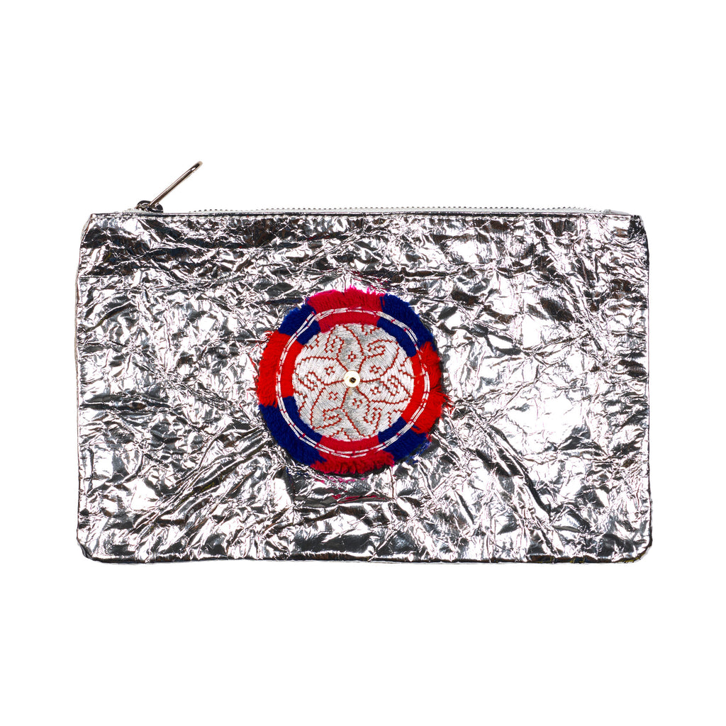 Leather Embellished Medium Pouch - Silver #1